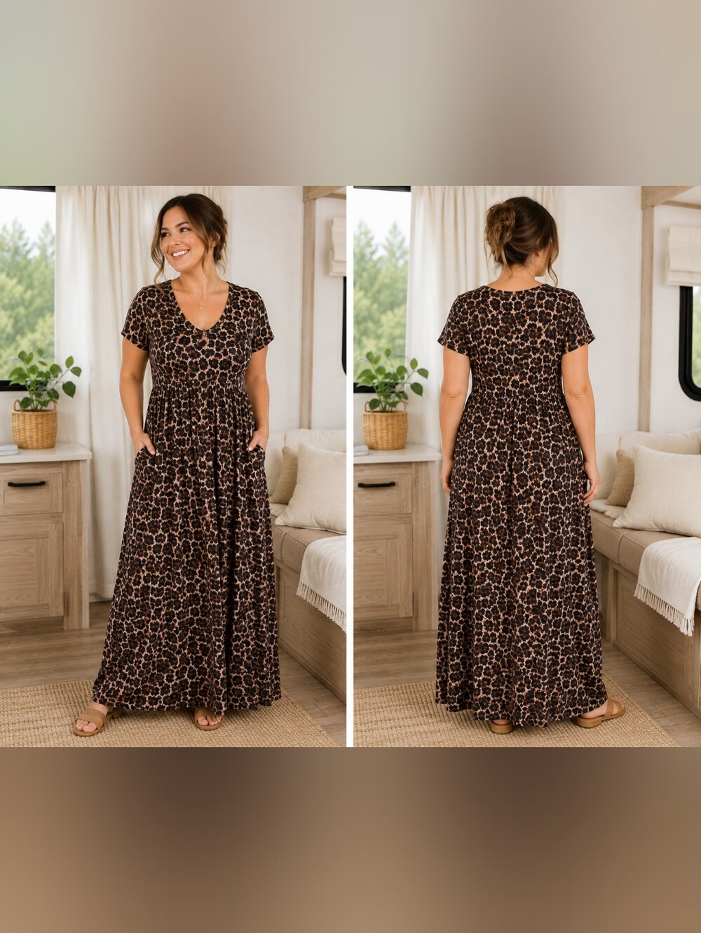 7th Ray - Sz.XL - Brown Leopard-Print Short Sleeve Maxi Dress